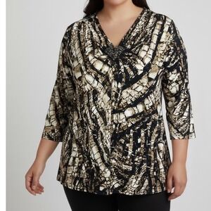 Susan Graver Style  1X Embellished V-Neck 3/4 Sleeve Abstract Print Top Black